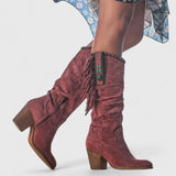 Women's Mid-Calf Boots - Side Fringe Trim and Western Block Heel Detail