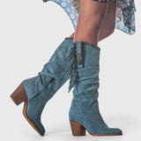 Women's Mid-Calf Boots - Side Fringe Trim and Western Block Heel Detail
