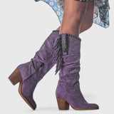 Women's Mid-Calf Boots - Side Fringe Trim and Western Block Heel Detail