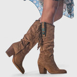 Women's Mid-Calf Boots - Side Fringe Trim and Western Block Heel Detail