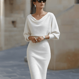 Women's Midi Bodycon Dress Batwing Sleeve Boat Neck Knitted