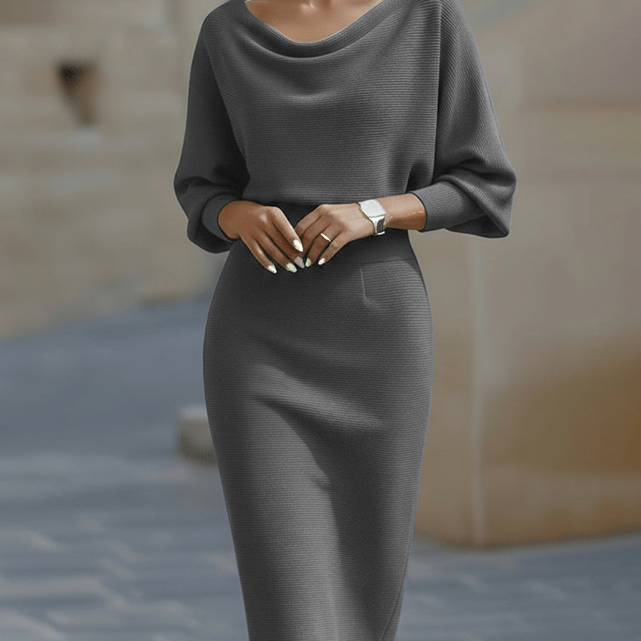 Women's Midi Bodycon Dress Batwing Sleeve Boat Neck Knitted