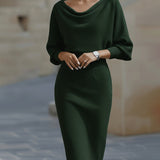 Women's Midi Bodycon Dress Batwing Sleeve Boat Neck Knitted
