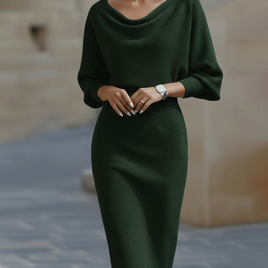 Women's Midi Bodycon Dress Batwing Sleeve Boat Neck Knitted