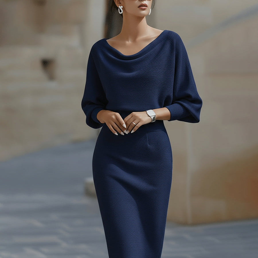 Women's Midi Bodycon Dress Batwing Sleeve Boat Neck Knitted
