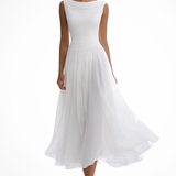 Women's Midi Dress - Boat Neck and Pleated A-Line Skirt