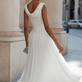 Women's Midi Dress - Boat Neck and Pleated A-Line Skirt