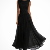 Women's Midi Dress - Boat Neck and Pleated A-Line Skirt