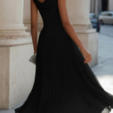 Women's Midi Dress - Boat Neck and Pleated A-Line Skirt