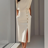 Women's Midi Dress Column Dress with Asymmetrical Side Button Mock Wrap Skirt