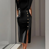 Women's Midi Dress Column Dress with Asymmetrical Side Button Mock Wrap Skirt