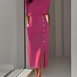 Women's Midi Dress Column Dress with Asymmetrical Side Button Mock Wrap Skirt