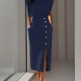 Women's Midi Dress Column Dress with Asymmetrical Side Button Mock Wrap Skirt