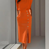 Women's Midi Dress Column Dress with Asymmetrical Side Button Mock Wrap Skirt
