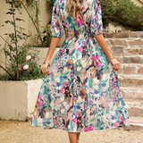 Women's Midi Dress Flutter Sleeve Deep V Neck Printed Summer Dress