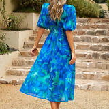 Women's Midi Dress Flutter Sleeve Deep V Neck Printed Summer Dress