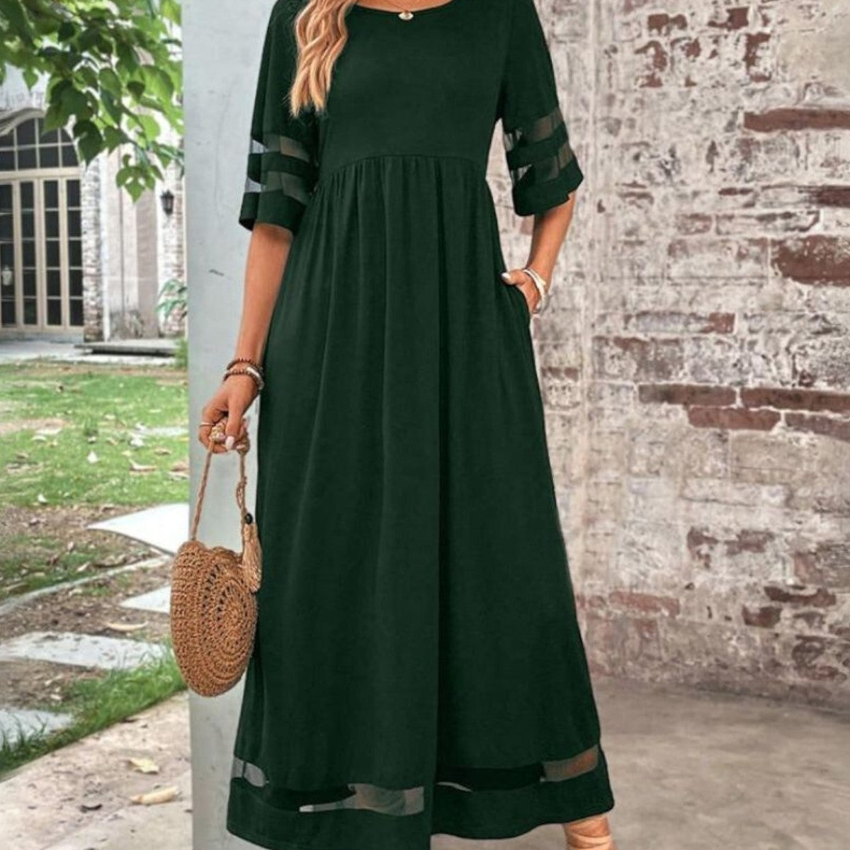 Women's Midi Dress Mesh Panel and Half Sleeves