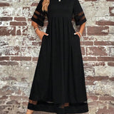 Women's Midi Dress Mesh Panel and Half Sleeves