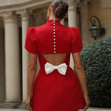 Women's Mock Neck Red Mini Dress - Tulip Sleeve & A-Line Skirt