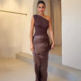 Women's One Shoulder Maxi Dress Ruched Wedding Guest Gown