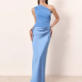 Women's One Shoulder Maxi Dress Ruched Wedding Guest Gown