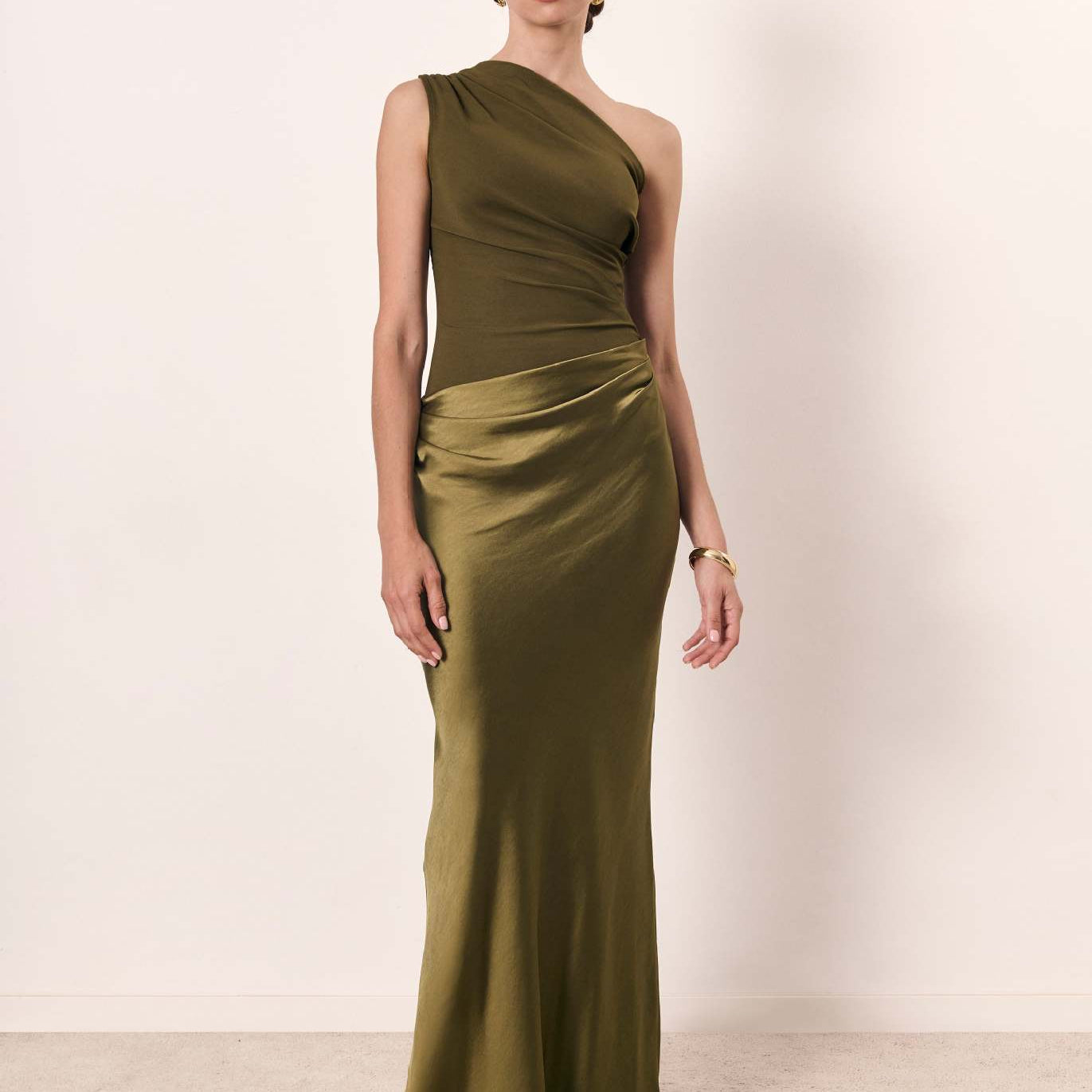 Women's One Shoulder Maxi Dress Ruched Wedding Guest Gown