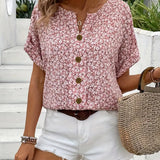 Women's Pink Blouse Floral Print V Neck Shirt