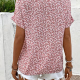Women's Pink Blouse Floral Print V Neck Shirt