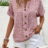 Women's Pink Blouse Floral Print V Neck Shirt