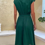 Women's Relaxed Fit Tie Waist Midi Dress - Pleated Skirt Style