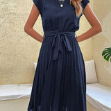 Women's Relaxed Fit Tie Waist Midi Dress - Pleated Skirt Style