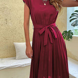 Women's Relaxed Fit Tie Waist Midi Dress - Pleated Skirt Style
