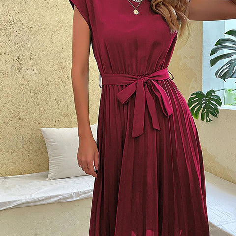 Women's Relaxed Fit Tie Waist Midi Dress - Pleated Skirt Style