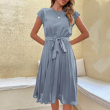 Women's Relaxed Fit Tie Waist Midi Dress - Pleated Skirt Style