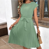 Women's Relaxed Fit Tie Waist Midi Dress - Pleated Skirt Style