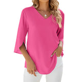 Women's Relaxed Fit V-Neck Blouse - Split Bell Sleeve