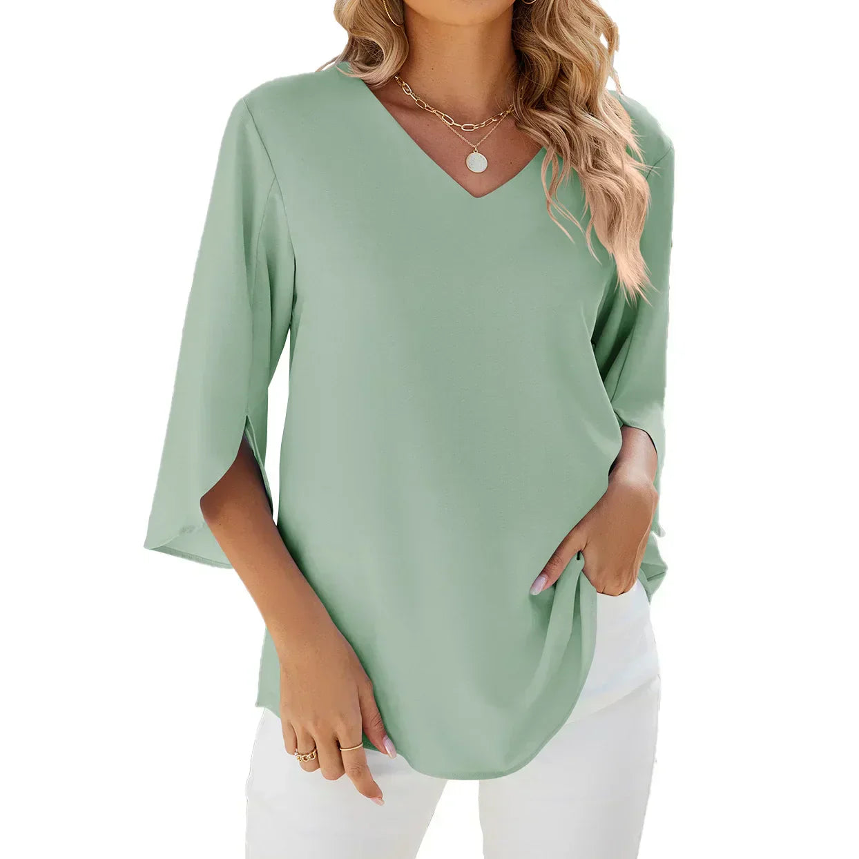 Women's Relaxed Fit V-Neck Blouse - Split Bell Sleeve