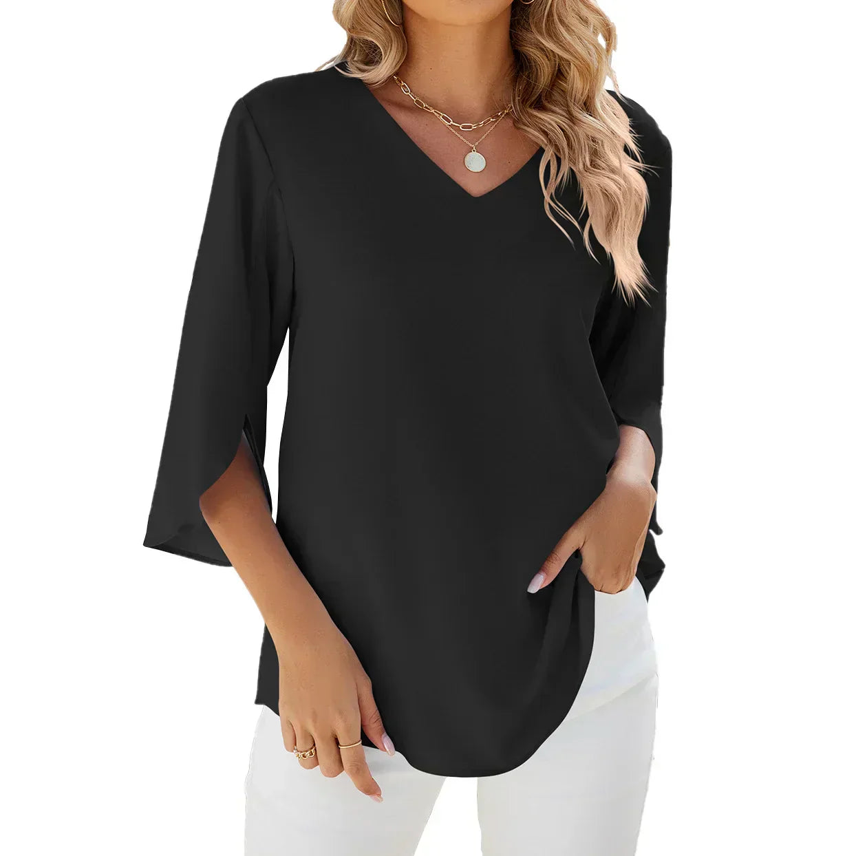 Women's Relaxed Fit V-Neck Blouse - Split Bell Sleeve