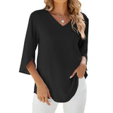 Women's Relaxed Fit V-Neck Blouse - Split Bell Sleeve