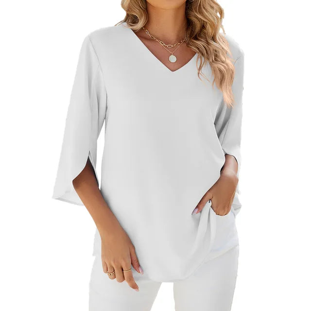 Women's Relaxed Fit V-Neck Blouse - Split Bell Sleeve