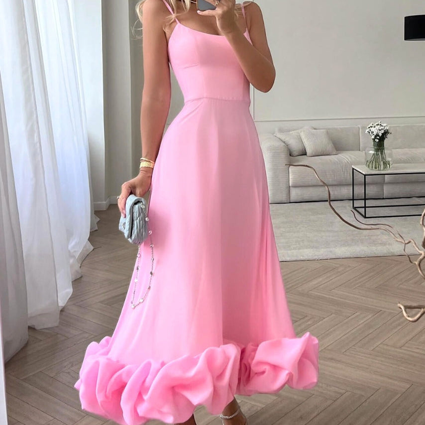 Women's Ruffle Hem Midi Dress Wedding Party Strappy