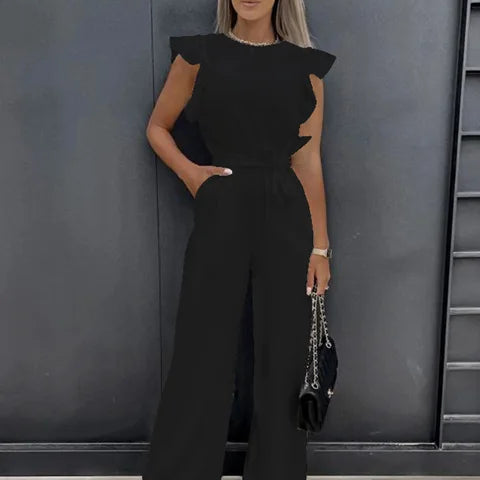 Women’s Ruffled Sleeve Wide Leg Jumpsuit - Adjustable Waist Tie