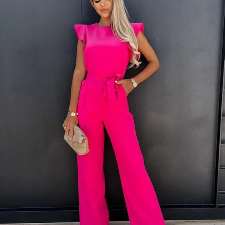 Women’s Ruffled Sleeve Wide Leg Jumpsuit - Adjustable Waist Tie