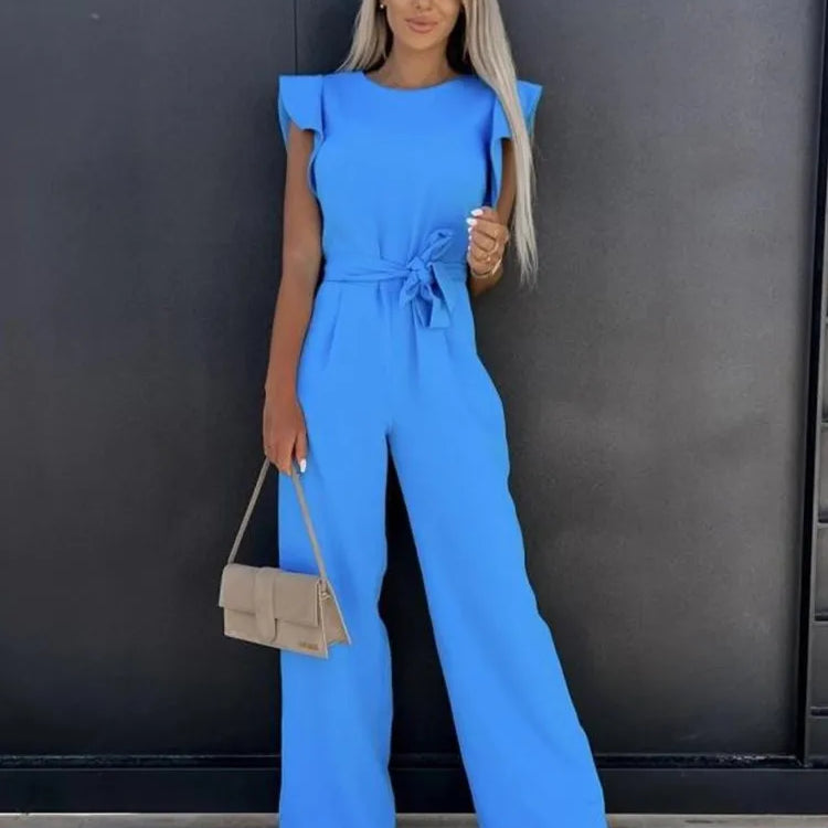 Women’s Ruffled Sleeve Wide Leg Jumpsuit - Adjustable Waist Tie