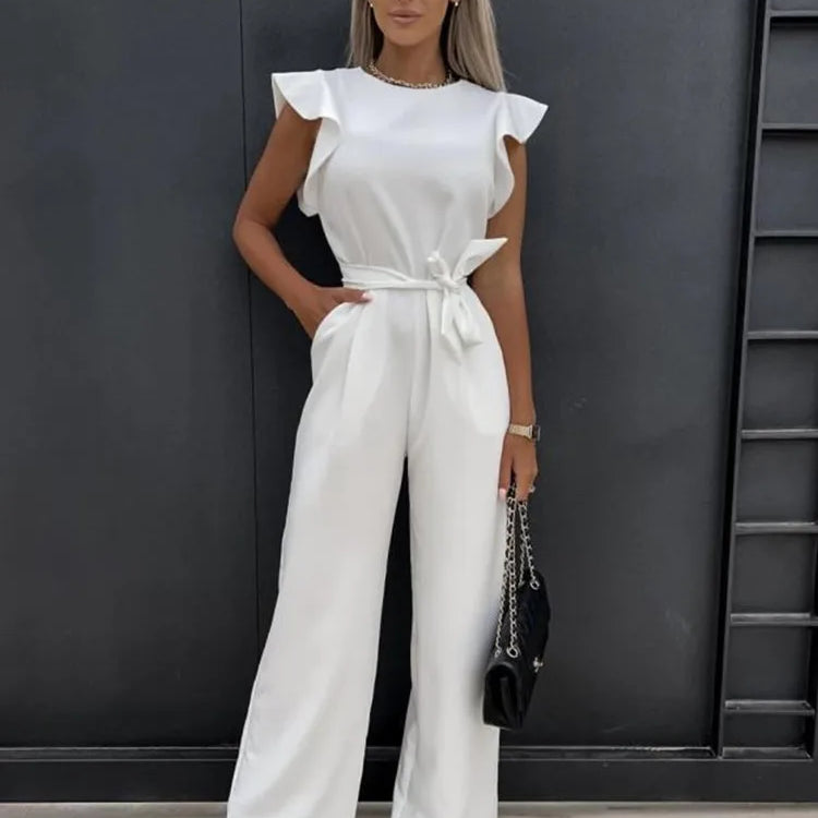 Women’s Ruffled Sleeve Wide Leg Jumpsuit - Adjustable Waist Tie