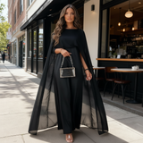 Women's Satin Cape Maxi Dress - Boat Neck and Flowing Overlay
