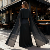 Women's Satin Cape Maxi Dress - Boat Neck and Flowing Overlay