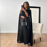 Women's Satin Cape Maxi Dress - Boat Neck and Flowing Overlay