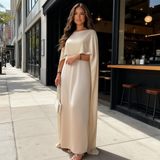 Women's Satin Cape Maxi Dress - Boat Neck and Flowing Overlay