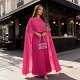 Women's Satin Cape Maxi Dress - Boat Neck and Flowing Overlay